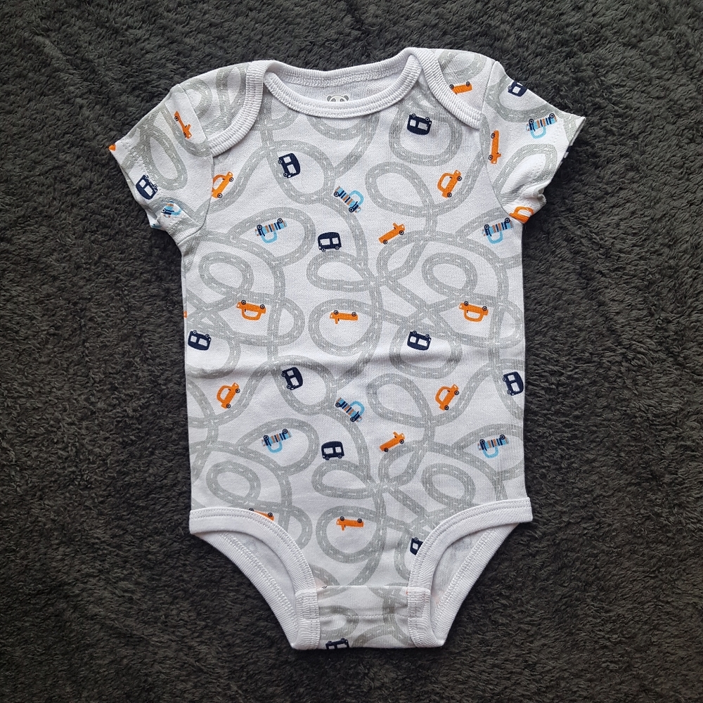 Grey Road-Print Baby One-Piece Bodysuit with Orange & Blue Cars